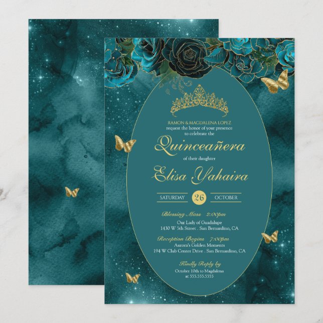 Invitación Verde azulado Blue Green Gold Mariposa de lujo Qui (Anverso / Reverso)