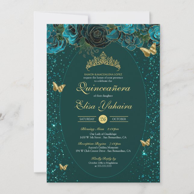 Invitación Verde azulado Blue Green Gold Mariposa de lujo Qui (Anverso)