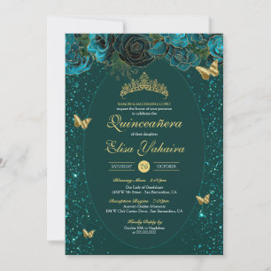 Invitación Verde azulado Blue Green Gold Mariposa de lujo Qui