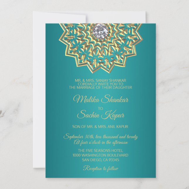 Invitación Verde azulado Blue Green Mandala Gold Boda indio (Anverso)