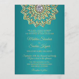 Invitación Verde azulado Blue Green Mandala Gold Boda indio