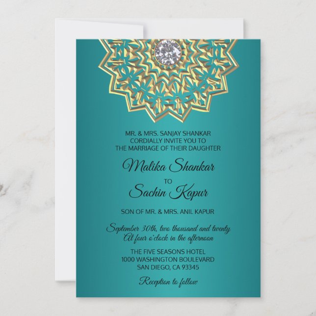 Invitación Verde azulado Blue Green Mandala Gold Boda indio (Anverso)