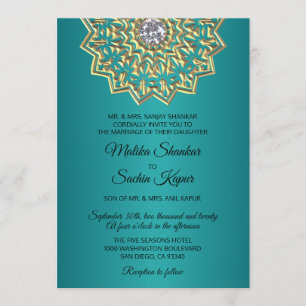 Invitación Verde azulado Blue Green Mandala Gold Boda indio