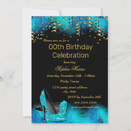 Invitación Verde azulado Blue Heel Gold Feather purpurina Fie