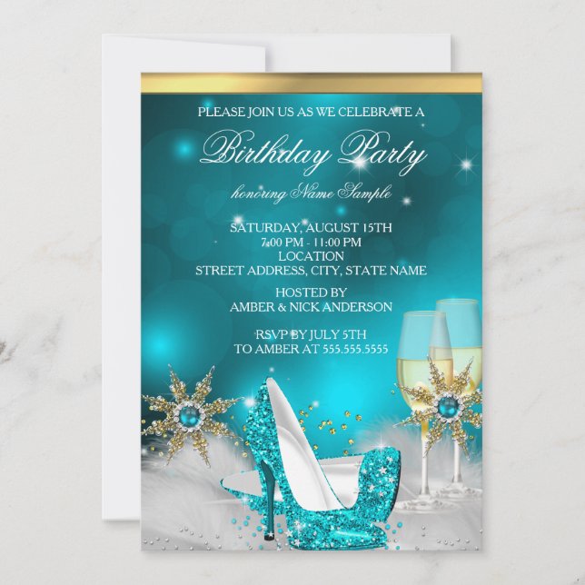 Invitación Verde azulado Blue High Heel Shoes Silver Gold Cha (Anverso)