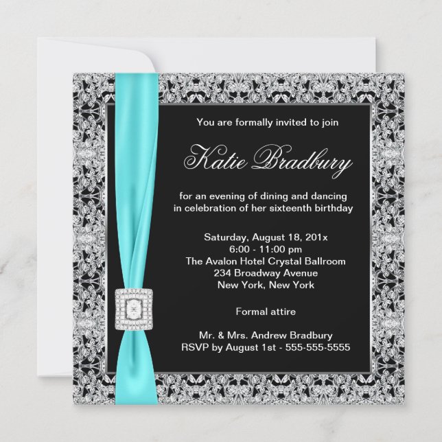 Invitación Verde azulado Blue Lace Black Sweet Dieciséis Fies (Anverso)