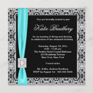 Invitación Verde azulado Blue Lace Black Sweet Dieciséis Fies