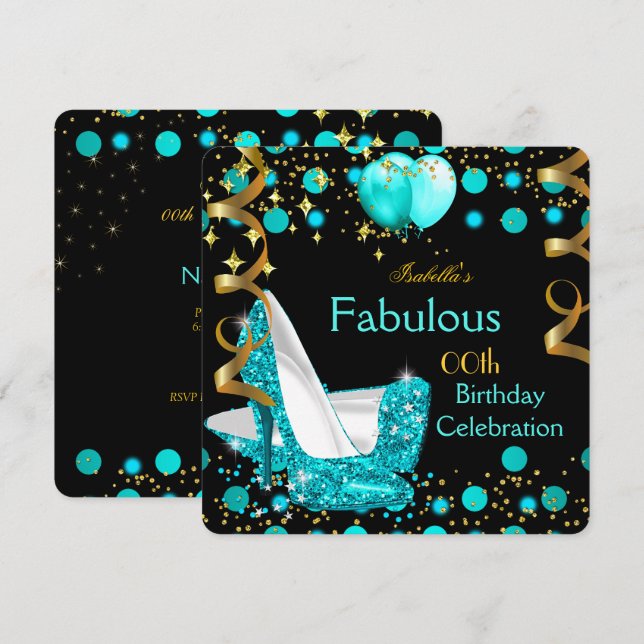 Invitación Verde azulado Blue Lights High Heels Gold Birday P (Anverso / Reverso)