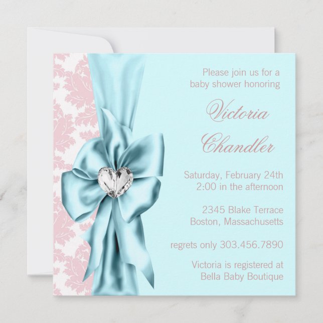 Invitación Verde azulado Blue Pink Damask Bow Elegant Baby Sh (Anverso)