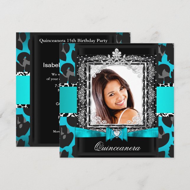 Invitación Verde azulado Blue Quinceanera 15th Fiesta Photo (Anverso / Reverso)