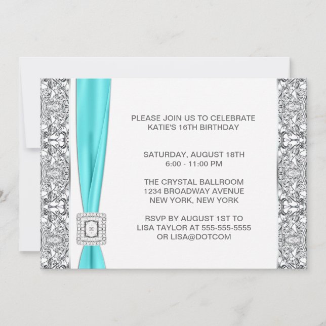 Invitación Verde azulado Blue Silver Lace Sweet Dieciséis Fie (Anverso)