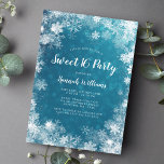 Invitación Verde azulado Blue Snowflakes Winter Wonderland Sw<br><div class="desc">Plantilla de invitación 16 dulce de invierno moderno con borde blanco de copo de nieve sobre un fondo verde azulado de bokeh azul. Una elegante invitación para una fiesta de 16 años con temática de invierno. Disponible en formato impreso y/o digital de descarga.</div>
