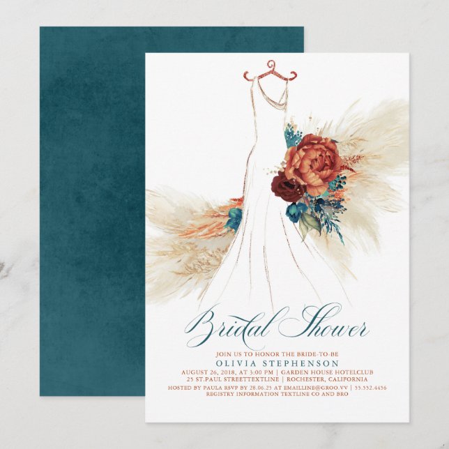 Invitación Verde azulado Blue Terracotta Floral Boho Bridal S (Anverso / Reverso)