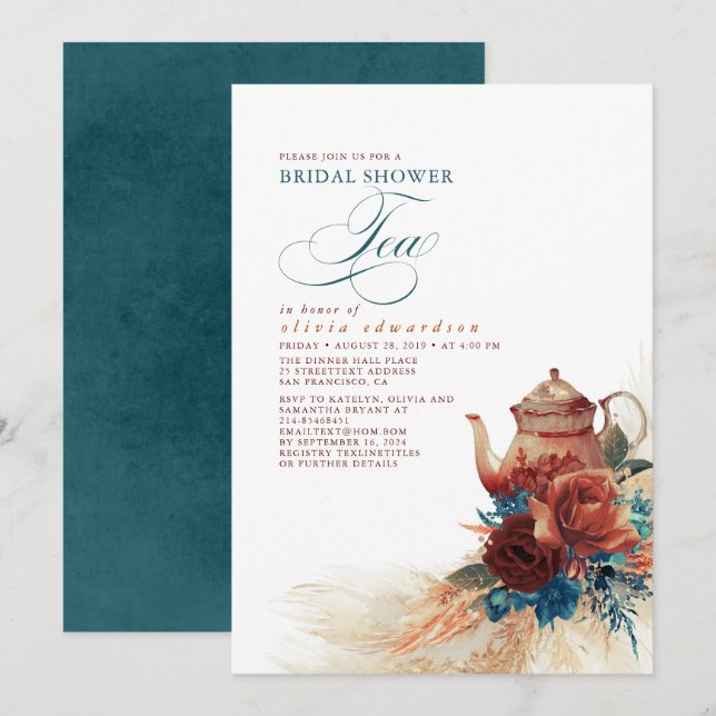 Invitación Verde azulado Blue Terracotta Floral Bridal Shower (Anverso / Reverso)