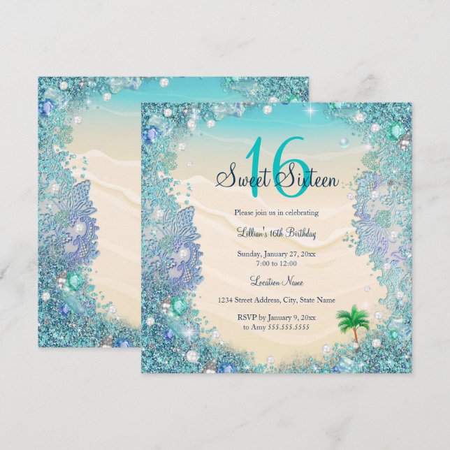 Invitación Verde azulado Blue Water Ocean Sand Pearls Sweet 1 (Anverso / Reverso)