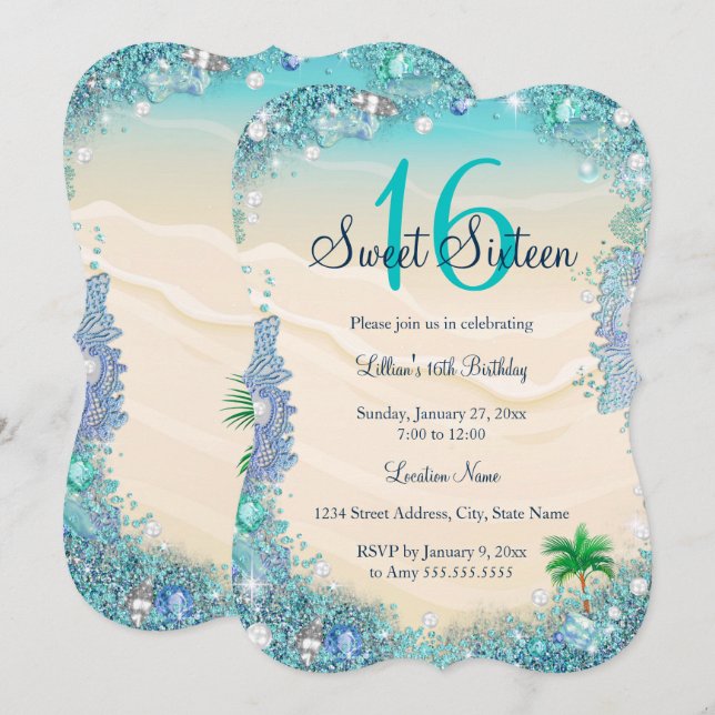Invitación Verde azulado Blue Water Ocean Sand Pearls Sweet 1 (Anverso / Reverso)