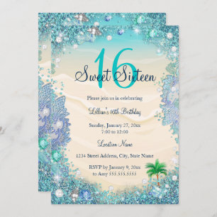Invitación Verde azulado Blue Water Ocean Sand Pearls Sweet 1