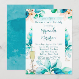 Invitación Verde azulado Blue Watercolor Floral Brunch y Bubb