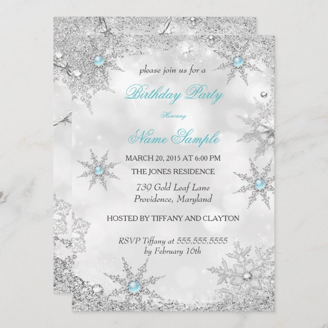 Invitación Verde azulado Blue Winter Wonderland Birthday Part (Anverso / Reverso)