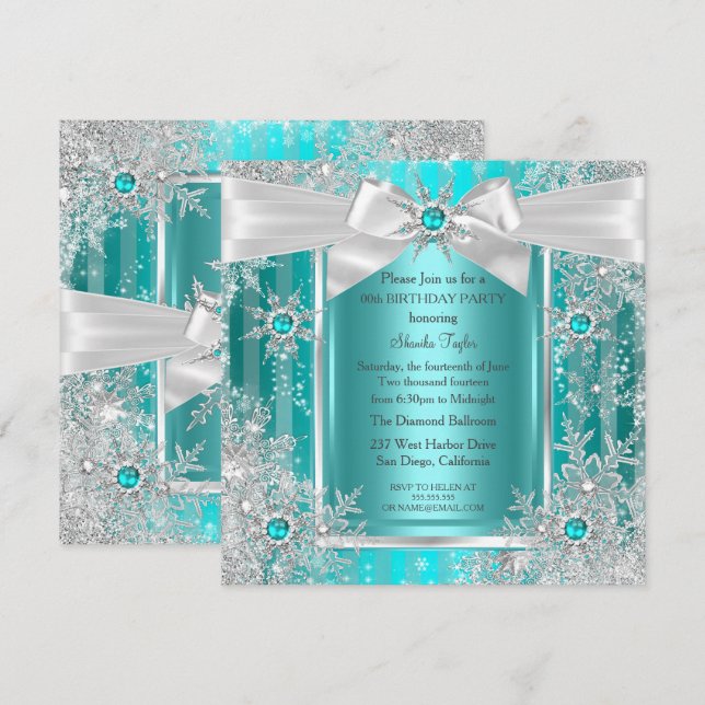 Invitación Verde azulado Blue Winter Wonderland Snowflake Sil (Anverso / Reverso)