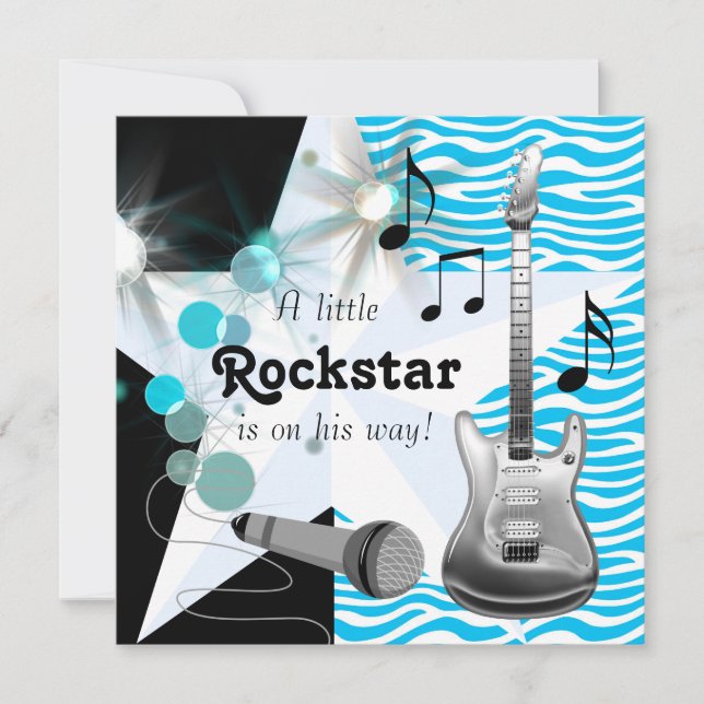 Invitación Verde azulado Blue Zebra Rockstar Baby Boy Shower (Anverso)