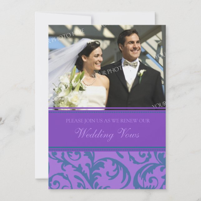 Invitación Verde azulado Boda de fotos moradas invita a renov (Anverso)