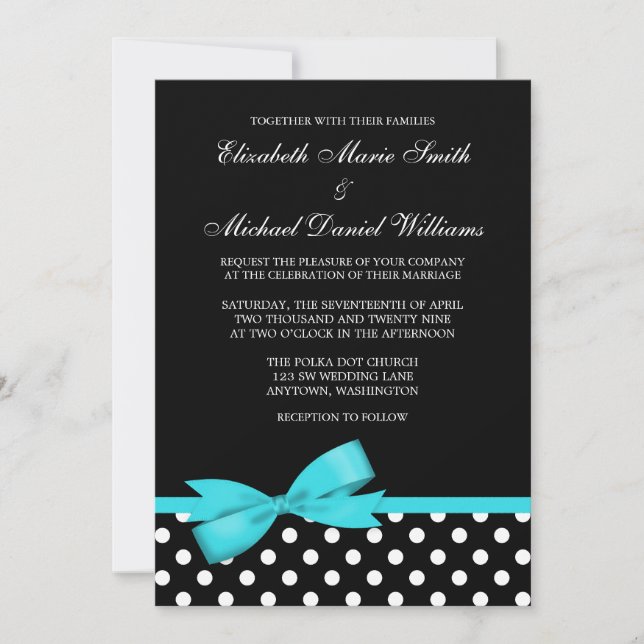 Invitación Verde azulado Boda falso negro blanco de polka (Anverso)