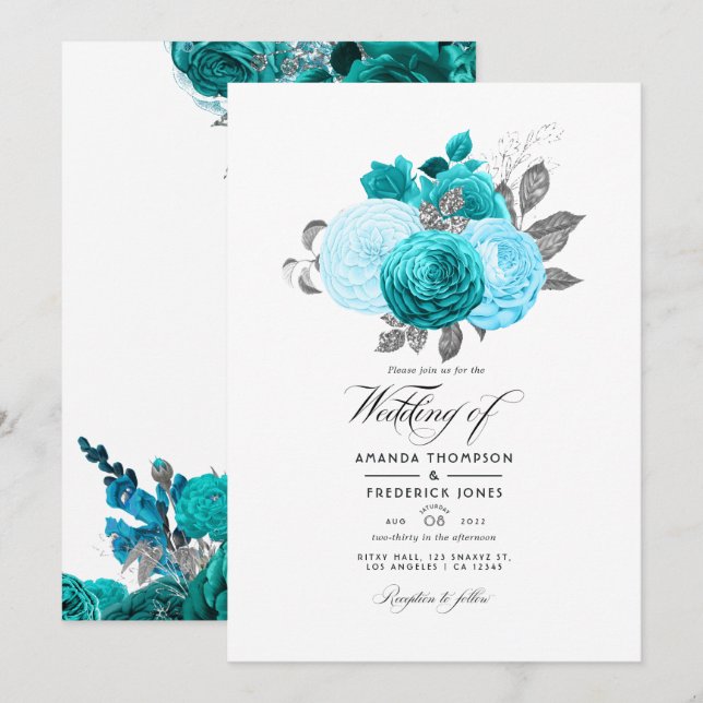 Invitación Verde azulado - Boda floral turquesa y plateado (Anverso / Reverso)