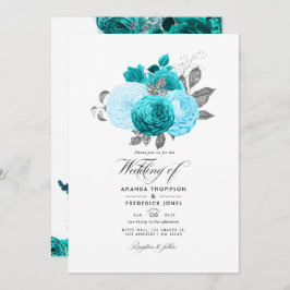 Invitación Verde azulado - Boda floral turquesa y plateado