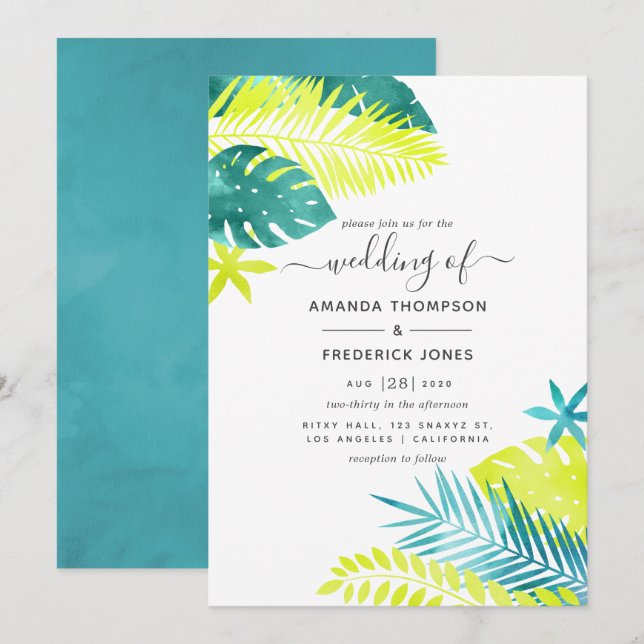 Invitación Verde azulado - Boda tropical turquesa y limón (Anverso / Reverso)