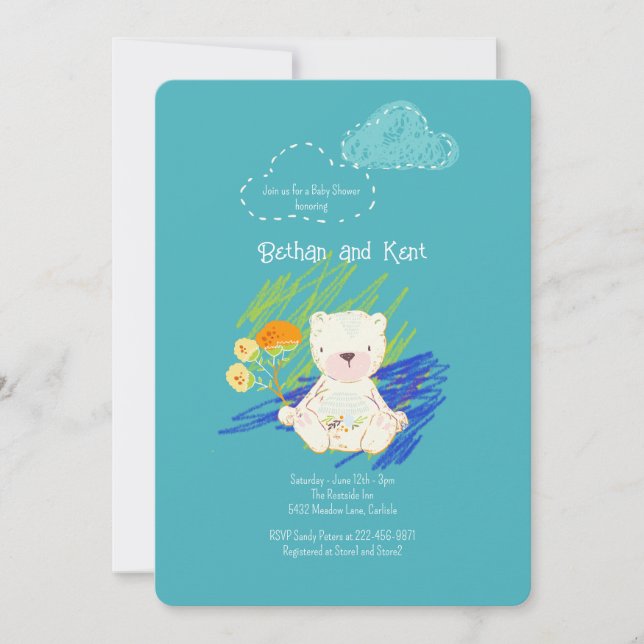 Invitación Verde azulado Boho Teddy Bear Baby Shower (Anverso)