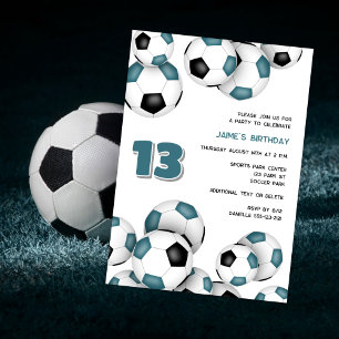 Invitación verde azulado bolas de fútbol negro niños fiesta d
