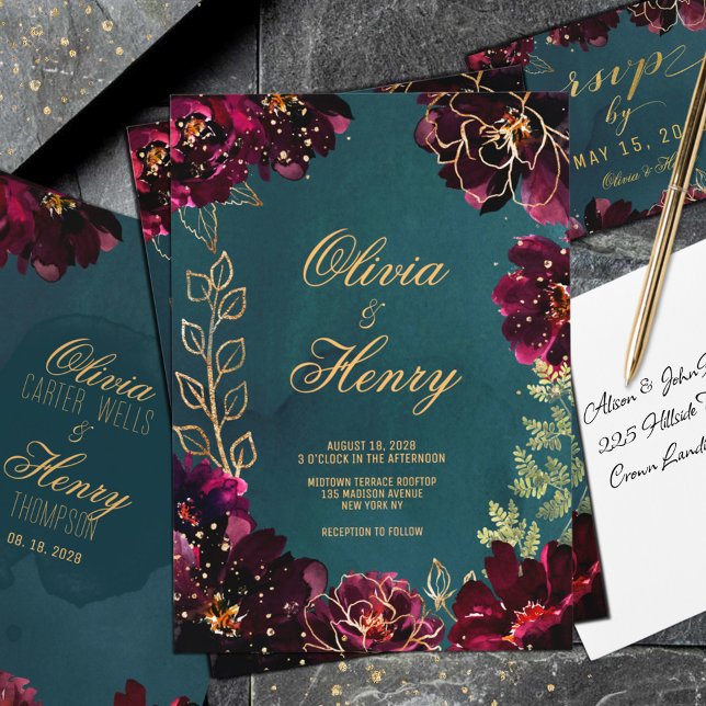 Invitación Verde azulado burdeos jewel tones apellidos Boda (Teal Bordeaux Jewel Tones Wedding Invitation. RSVP sold separately. Matching envelope available.)