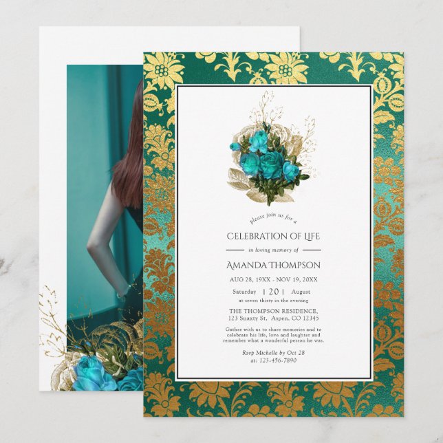 Invitación Verde azulado - Celebración de la vida con flores  (Anverso / Reverso)