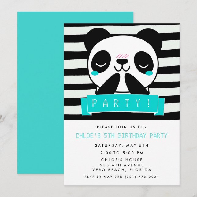 Invitación Verde azulado chica Panda 5ª fiesta de cumpleaños (Anverso / Reverso)