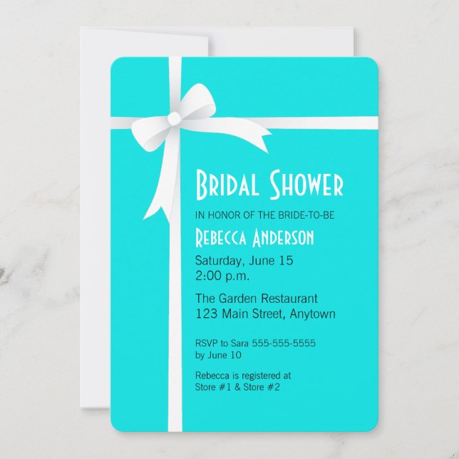 Invitación Verde azulado con cinta blanca y ducha de novia (Anverso)