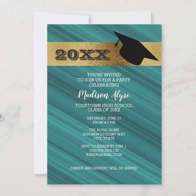 Invitación Verde azulado con Fiesta de tapón de oro y graduac (Anverso)