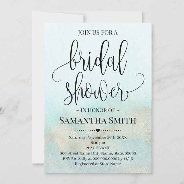 Invitación Verde azulado con Gold Ocean Bridal Shower Boda Aq (Anverso)