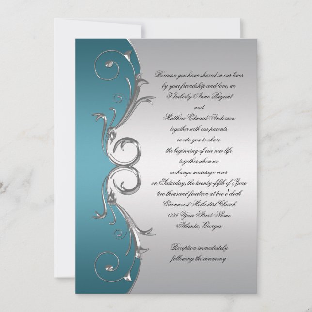 Invitación Verde azulado con la celebración del Boda de Plata (Anverso)