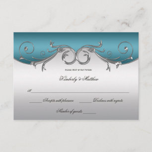 Invitación Verde azulado con Ornate Silver Swirls RSVP