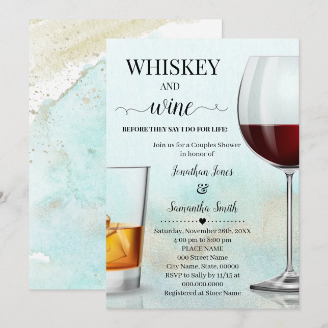 Invitación Verde azulado con Whiskey de oro y vino antes de h (Anverso / Reverso)