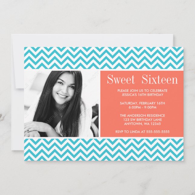 Invitación Verde azulado Coral Chevron Sweet 16 Birthday Phot (Anverso)