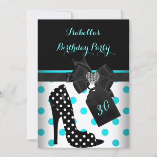 Invitación Verde azulado Corazón Blanco Negro Polka Dots Heel