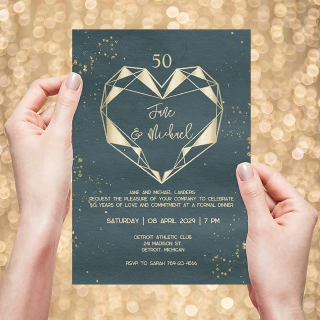 Invitación Verde azulado corazón dorado geométrico verde 50 a (Subido por el creador)