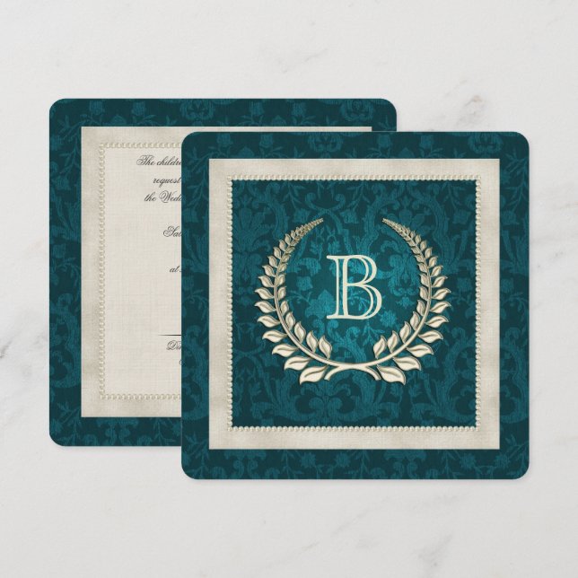 Invitación Verde azulado damasco y Pearls boda juramento reno (Anverso / Reverso)