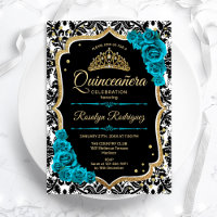 Verde azulado Damask negro de oro elegante Quincea