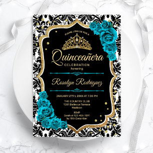 Invitación Verde azulado Damask negro de oro elegante Quincea