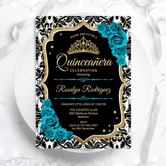 Invitación Verde azulado Damask negro de oro elegante Quincea (Subido por el creador)