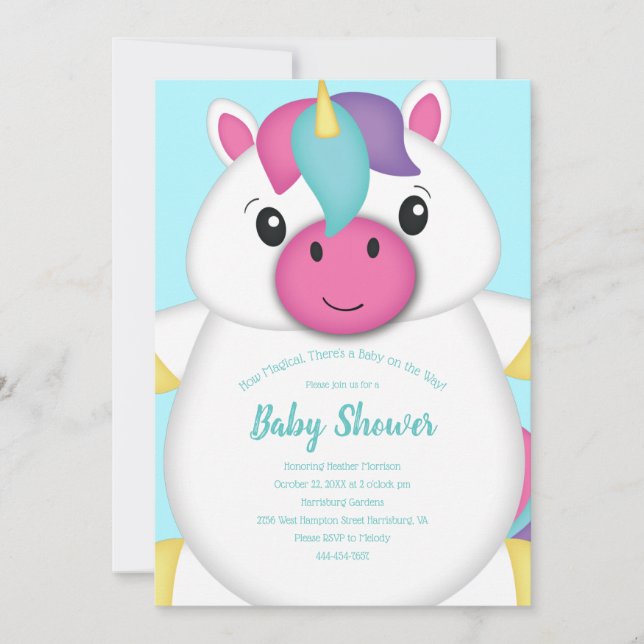Invitación Verde azulado de Baby Shower de Unicorn (Anverso)