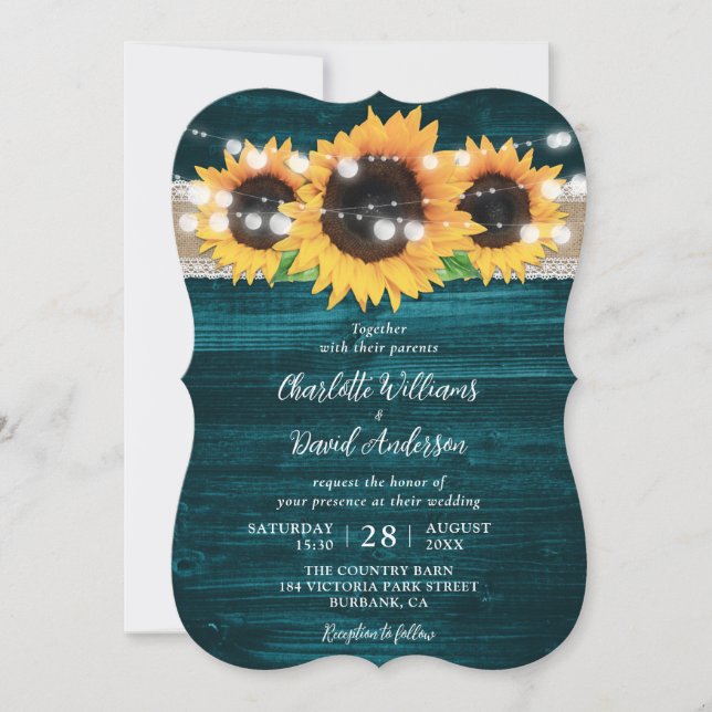Invitación Verde azulado de cadenas de girasol iluminan Boda  (Anverso)